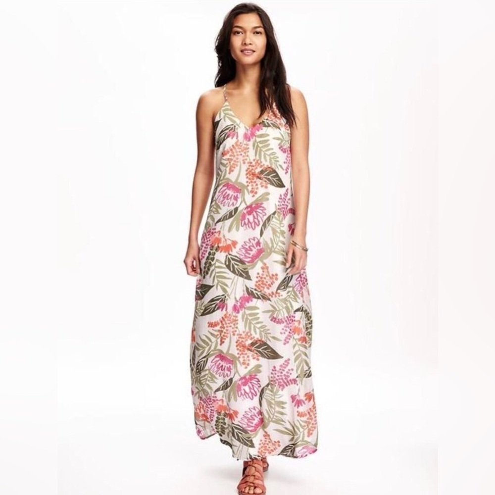 Old Navy Floral Maxi Dress White Pink Green‎ Sleeveless Spaghetti Straps Size S